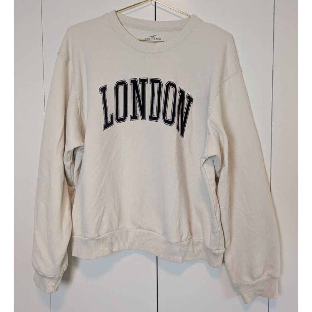 Hollister London Sweatshirt M Cream Off White Blue Logo Pullover